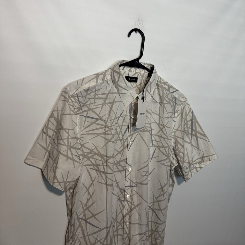 Theory Shirt Mens Medium Beige Floral Irving Tropic Short Sleeve Beach Hawaiian - Picture 2 of 10